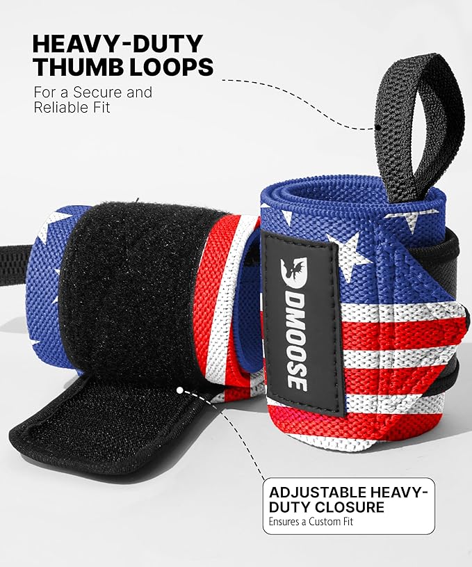 DMoose Fitness Wrist Wraps for Weightlifting 18" - Heavy Duty Gym Wrap with Hand Thumb Loop for Support & Pain Relief, USPA Approved Powerlifting, Weight Lifting Wrist Straps for Men & Women Work Out