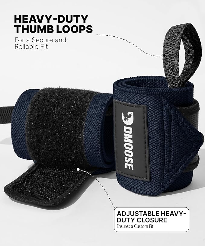 DMoose Fitness Wrist Wraps for Weightlifting 18" - Heavy Duty Gym Wrap with Hand Thumb Loop for Support & Pain Relief, USPA Approved Powerlifting, Weight Lifting Wrist Straps for Men & Women Work Out