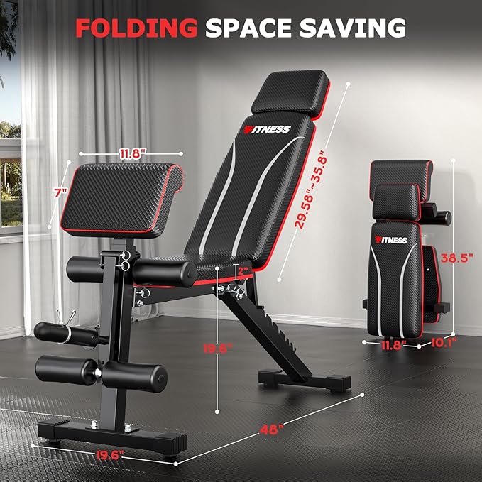 Fostoy Foldable Workout Bench Press, Adjustable Weight Bench for Home Gym, 800LB Multi Functional Gym Bench w/Leg Extension &Preacher Pad, Extra Headrest, Fast Folding Strength Training Incline Sit up Bench
