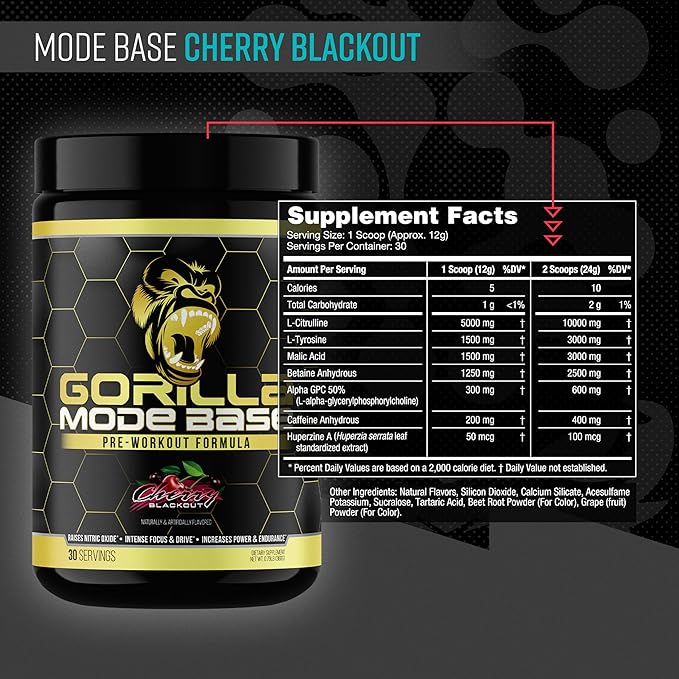 Gorilla Mind Base Pre Workout - Raises Nitric Oxide Intense Focus & Drive Endurance Power - L-Citrulline, L-Tyrosine, Betaine, Alpha-GPC, Caffeine, Huperzine A - 360 Grams (Cherry Blackout)