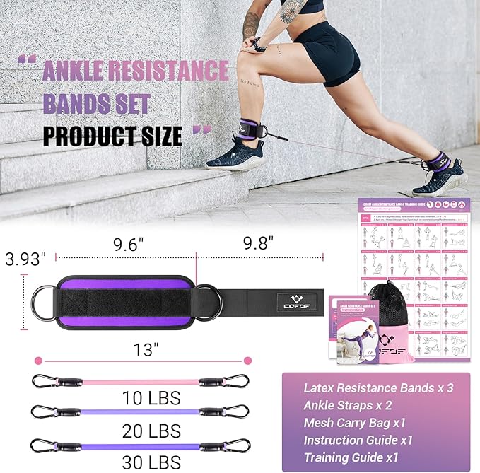 Ankle Resistance Bands With Cuffs for Working Out, Kickbacks, Hip, Leg and Glute Exercise - Training Poster Included - for Women