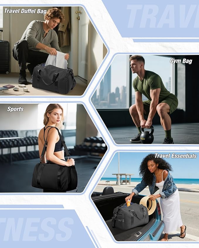 Gym Duffle Bag for Women Carry on Luggage Travel Essentials Airline Approved Personal Item 18x14x8 Inches Lightweight Weekender Sports Travel Duffel Bag with Shoe Compartment Wet Pocket Men Black