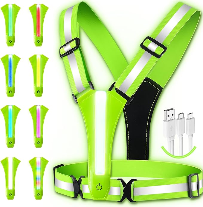 LED Reflective Vest Running Gear, 8 Lights Colors Illuminated, USB-C Rechargeable, High Visibility Safety Vest with Adjustable Waist/Shoulder, Light Up Vest for Night Dog Walking Cycling