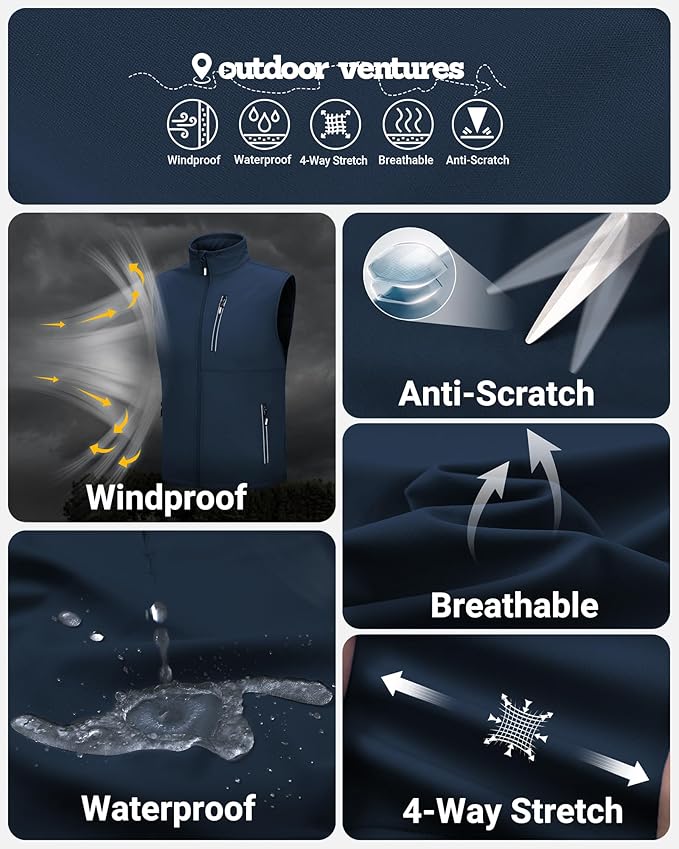 Outdoor Ventures Men's Windproof Softshell Vest Outerwear Lightweight Sleeveless Jacket for Running Golf Hiking Travel