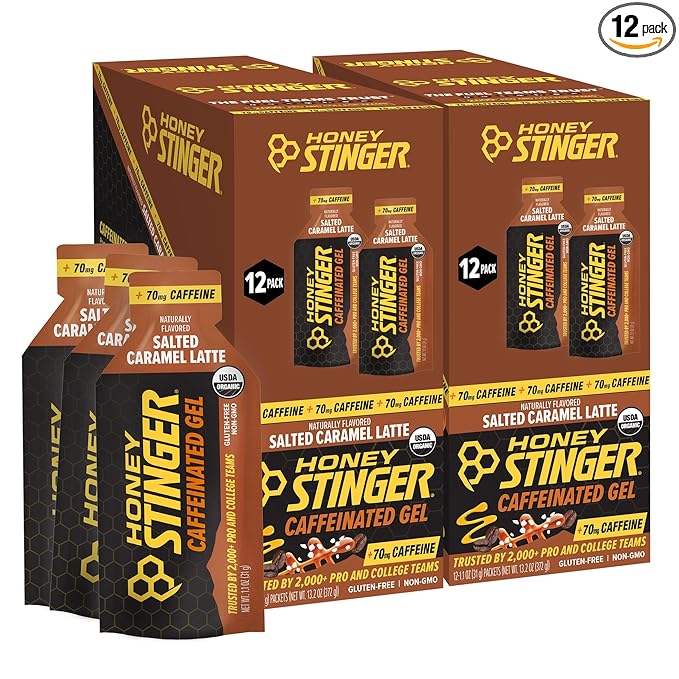 Honey Stinger Organic Salted Caramel Energy Gel, Caffeinated & Gluten Free, for Exercise, Running and Performance, Sports Nutrition for Home & Gym, Pre and Mid Workout, 12 Pack, 13.2 Ounce