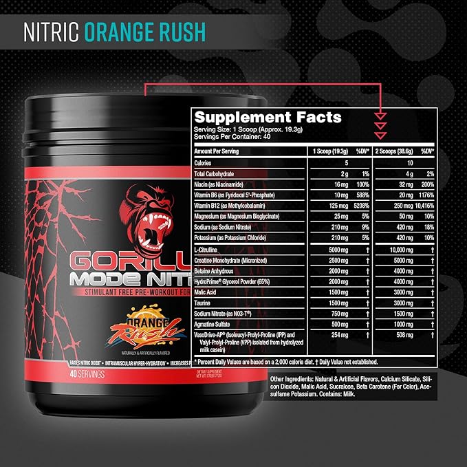 Gorilla Mind - Gorilla Mode Nitric Upgraded Stimulant Free Pre-Workout – Best Tasting and Most Effective Stimulant Free Pre-Workout/Massive Pumps · Vasodilation · Power / 772 Grams (Orange Rush)