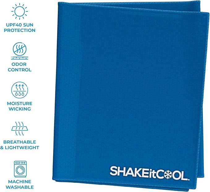 SHAKEitCOOL Extended Size Cooling Towel โ Be Cool in Style - Heat Relief, Soft, Lightweight, Sun Protection, Easy Clean - Perfect for Biking, Hiking, Running, Yoga, Golf, Gardening - Blue M