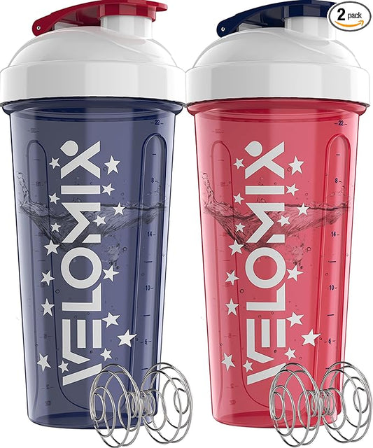 VELOMIX -2 Pack- 28 oz Protein Shaker Bottles for Protein Mixes - 2x Wire Whisk | Leak Proof Shaker Cups for Protein Shakes and Pre Workout | Protein Shaker Bottle Pack (USA Flag)