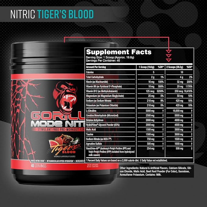 Gorilla Mind - Gorilla Mode Nitric Upgraded Stimulant Free Pre-Workout – Best Tasting and Most Effective Stimulant Free Pre-Workout/Massive Pumps · Vasodilation · Power / 784 Grams (Tigers Blood)