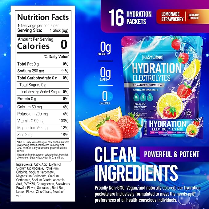 Electrolytes Powder Hydration Packets – Recovery Drink Mix with Sodium, Potassium, Magnesium, Calcium, Vitamin C & Zinc – Sugar Free, Keto, Non GMO & Vegan – Strawberry Lemonade – 16 Sticks
