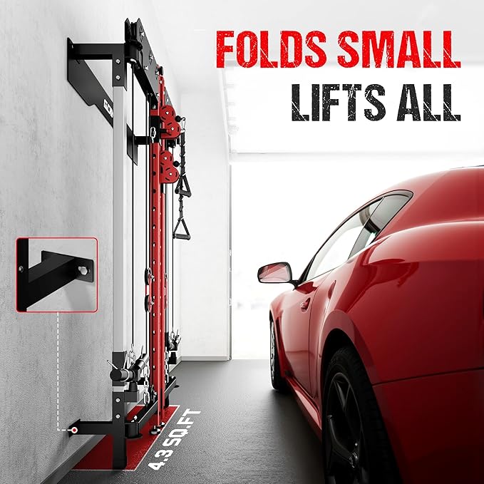 WM3-V4 Folding Squat Rack, Wall Mounted Power Rack with Dual Independent Pulley System, Functional Trainer with 5 Adjustable Function Modes for Space Saving