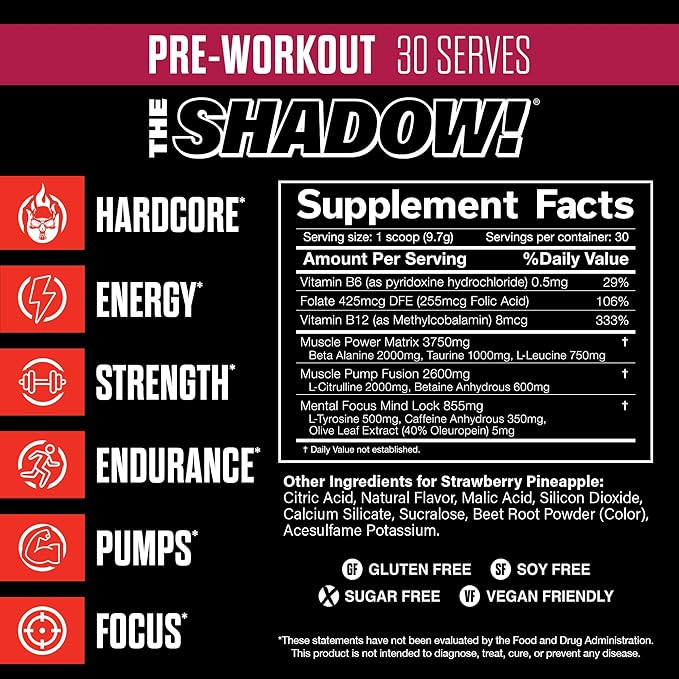 JNX SPORTS The Shadow! 350mg of Caffeine Hard Core Preworkout - Strawberry Pineapple 30 Servings | Electric Energy, Mental Focus & Superhuman Strength for Men & Women
