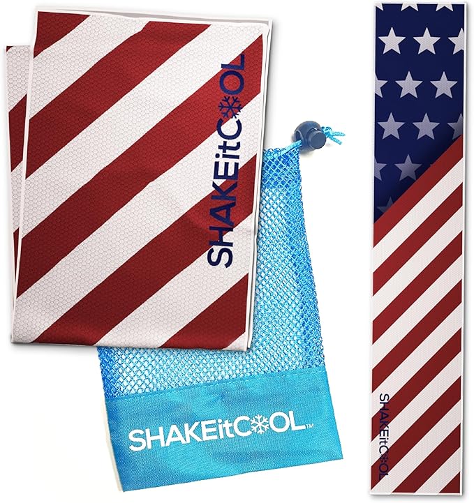SHAKEitCOOL Original Cooling Towel โ Be Cool in Style - Heat Relief, Soft, Lightweight, Sun Protection, Easy Clean - Perfect for Biking, Hiking, Running, Yoga, Golf, Gym, Baseball - Stars & Stripes