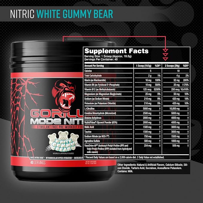 Gorilla Mode Nitric Upgraded Stimulant Free Pre-Workout – Best Tasting and Most Effective Stimulant Free Pre-Workout/Massive Pumps · Vasodilation · Power / 780 Grams (White Gummy Bear)