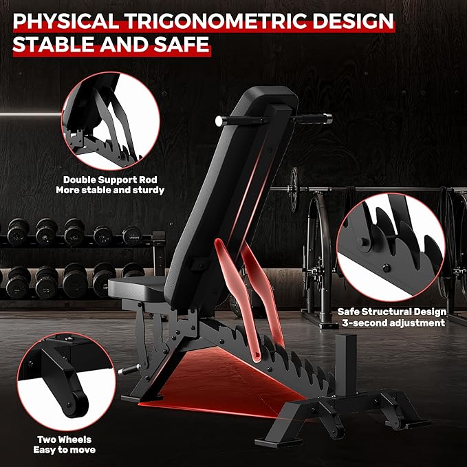 Weight Bench, Adjustable Workout Bench for Home Gym Full Body Workout, 1300LBS Weight Capacity Bench Press, Flat/Incline/Decline Bench with 33" Extra-Long Backrest & Wheels