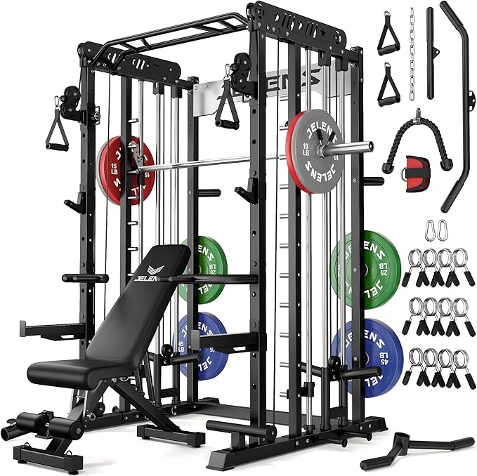 Smith Machine for Home Gym, Multi-Function M12 Power Cage with Cable Crossover System, Squat Rack with Smith Bar and More Attachment