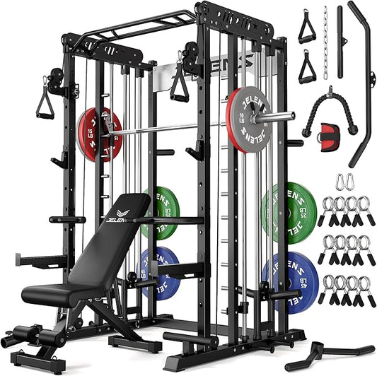 Smith Machine for Home Gym, Multi-Function M12 Power Cage with Cable Crossover System, Squat Rack with Smith Bar and More Attachment