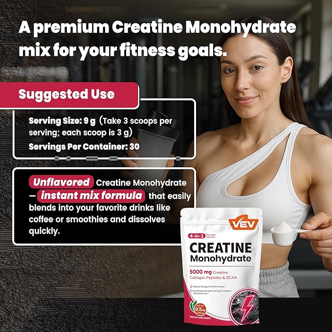 VEV Creatine Monohydrate for Women Powder 5000mg with Collagen & BCAAs 2:1:1 – Creatina para Mujeres, Supports Muscle Definition, Recovery & Energy – Unflavored, Sugar-Free, 9.5oz, 30 Servings