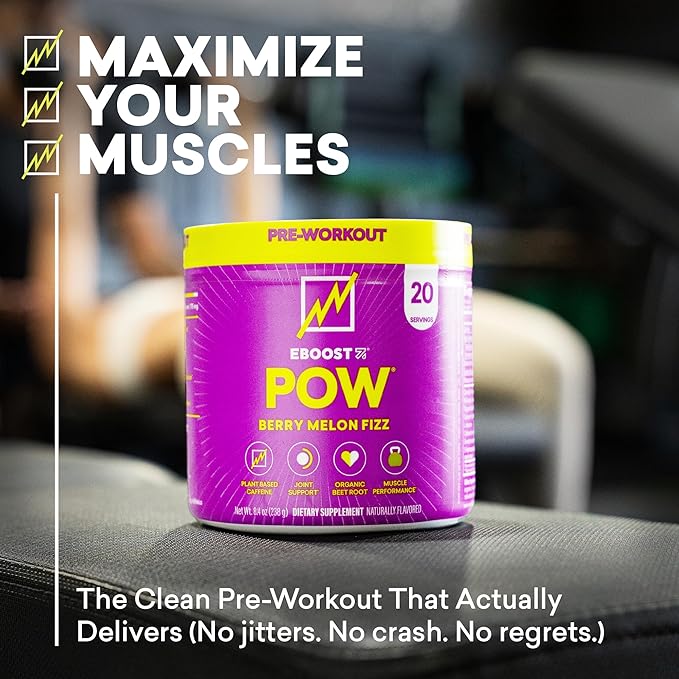 EBOOST POW Natural Pre Workout Powder - 20 Servings - Berry Melon Fizz - Pre Workout Supplement for Performance, Joint Mobility Support, Energy, Focus - Men & Women - Non-GMO, Gluten-Free, No Creatine