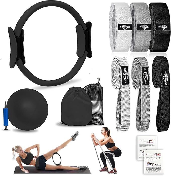 Pilates Essentials Kit for Home Women, Pilates Equipment for Workouts, 6 Fabric Resistance Bands, 12 Inch Magic Circle Yoga Ring, Mini Exercise Ball, Great Exercise Equipment