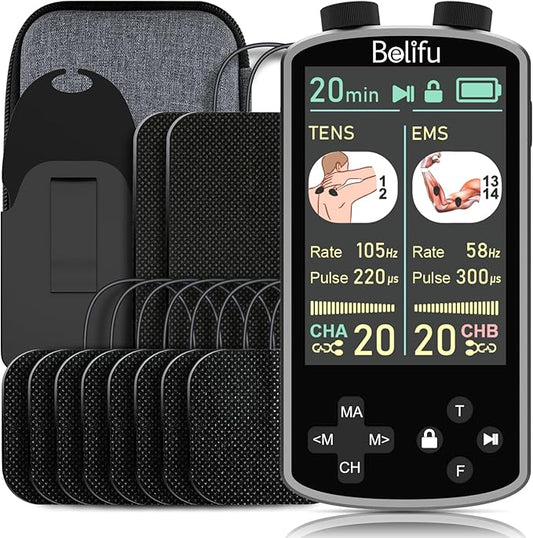 TENS EMS Unit Muscle Stimulator for Pain Relief Therapy - 4 in 1 TENS & EMS & Relax & Custom Frequency + Pulse - Muscle Massager 36 Modes 20 Intensity, Memory & Favorites Function with 600mAh Battery