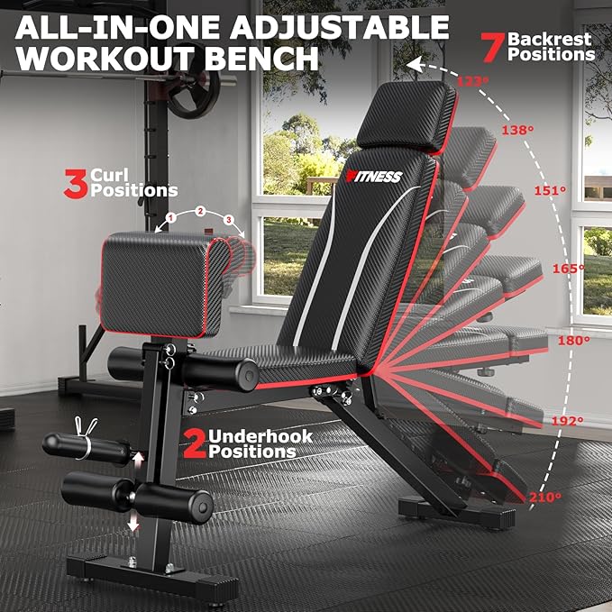 Fostoy Foldable Workout Bench Press, Adjustable Weight Bench for Home Gym, 800LB Multi Functional Gym Bench w/Leg Extension &Preacher Pad, Extra Headrest, Fast Folding Strength Training Incline Sit up Bench