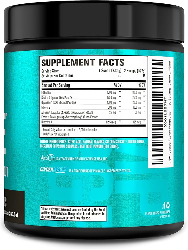 Jacked Factory Pumpsurge Caffeine Free Pre Workout for Men & Women - Nootropic Booster & Stim Free Pre Workout - Intense Pumps, Enhanced Focus - 30 Servings, Cherry Limeade