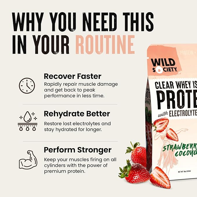 WILD SOCIETY - Clear Whey Protein + Electrolytes - Refreshing Whey Protein Isolate Powder - 20g Protein, 0 Added Sugar, GMO-Free, Natural Flavors & Colors - Watermelon Lime, 16 oz
