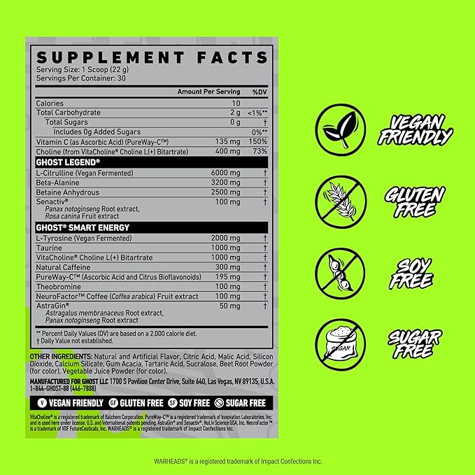 GHOST Legend Pre-Workout Powder, Warheads Sour Watermelon - 30 Servings – Pre-Workout for Men & Women with Choline, L-Citrulline, & Beta Alanine for Energy & Focus