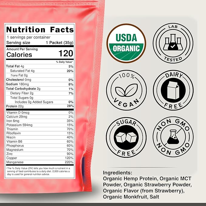 Organic Hemp Protein Powder, Plant Based and Vegan Protein Shake, Lactose and Dairy Free, Gluten Free, Clean and Natural- Strawberry (1 Serving)