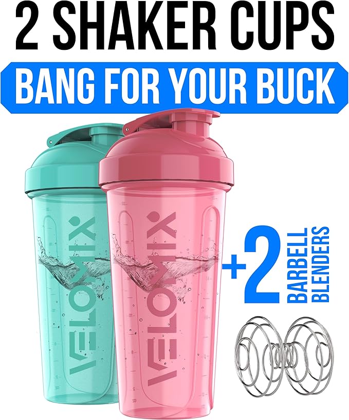 VELOMIX -2 Pack- 28 oz Protein Shaker Bottles for Protein Mixes - 2x Wire Whisk | Leak Proof Shaker Cups for Protein Shakes | Protein Shaker Bottle Pack (Pink/Turquise)