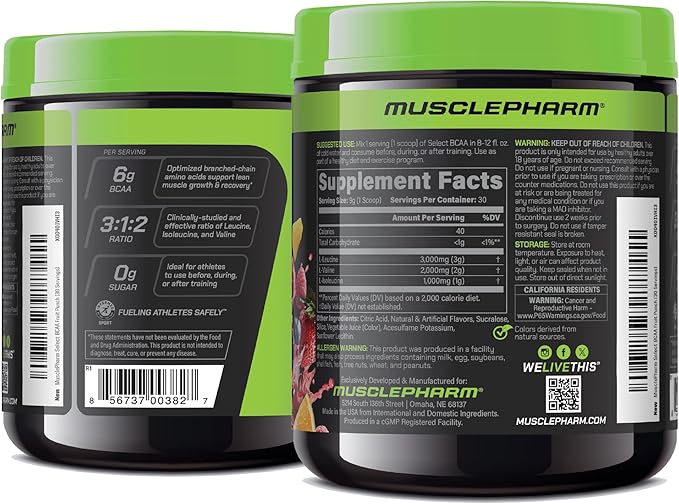 MusclePharm Essentials BCAA Powder, Pre & Post Workout Recovery Drink, Supports Muscle Recovery & Energy, Essential Amino Acids, 30 Serv, Fruit Punch
