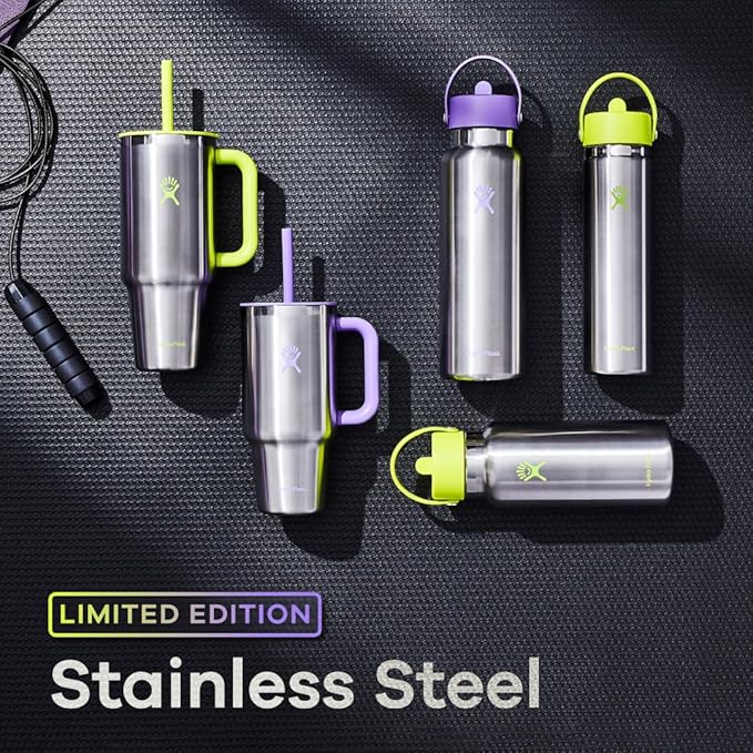 Hydro Flask Water Bottle - Insulated Stainless Steel - Wide Mouth Flex Straw Lid, Non Spill, Leakproof and Refillable in 40 Oz Stainless Steel Lime