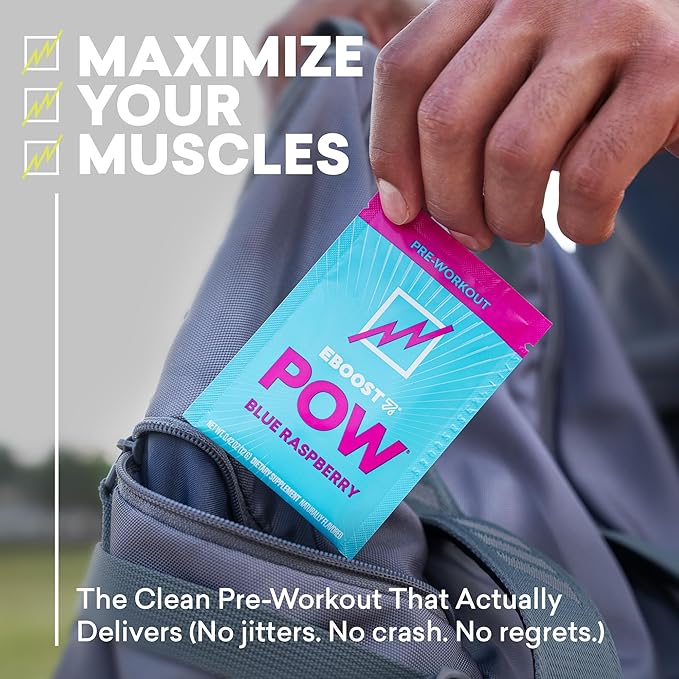 EBOOST POW Natural Pre Workout Powder - 15 Packets, Blue Raspberry - Preworkout Energy Booster Gym Supplement Drink Mix for Men and Women - Performance, Joint Mobility Support - Gluten-Free