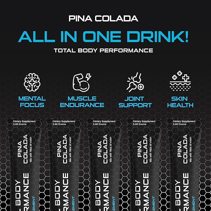 4D Total Body Supplements - Pina Colada 5 Unit Drink Mixes - Electrolytes, Aminos, Vitamins & Energy Powder Packets - Zero Calories & Sugars - Gluten Free, Non-GMO, Keto & Vegan Friendly