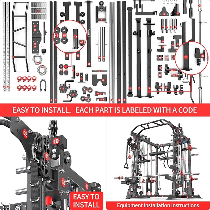Smith Machine with Cable Crossover System, Multi-Function Squat Rack Power Cage for Home Gym, Power Rack and Packages Weight Sets