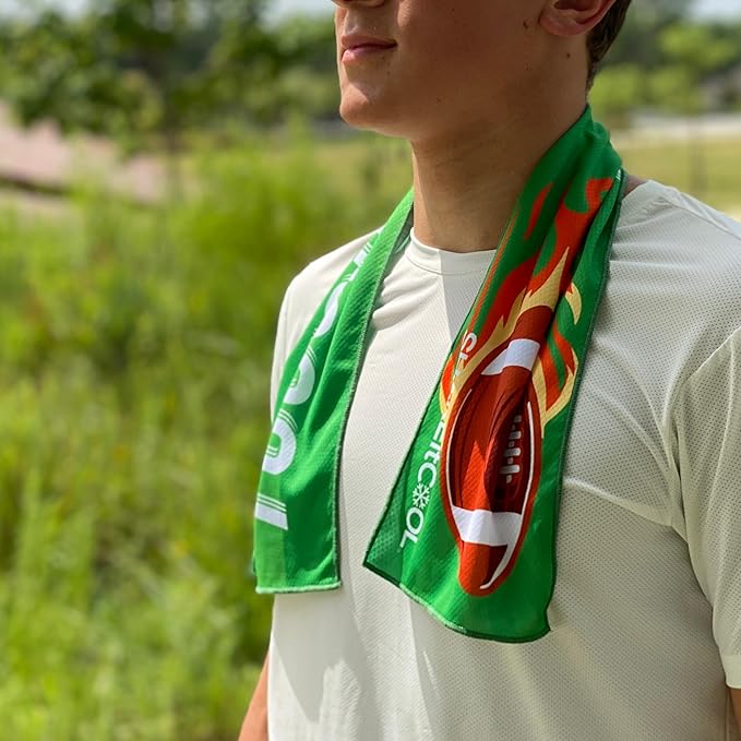 SHAKEitCOOL Original Cooling Towel โ Be Cool in Style - Heat Relief, Soft, Lightweight, Sun Protection, Easy Clean - Perfect for Biking, Running, Yoga, Gym, Gardening - Football