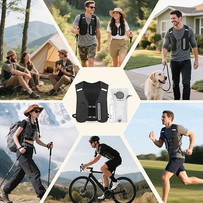 Unisex Running Vest Running Backpack - Adjustable Size Lightweight Trail Hydration Vest with 2L Bladder & 500ml Soft Flask, Mesh, Large Phone Pocket for Night Walking, Marathon(Reflective Strips)