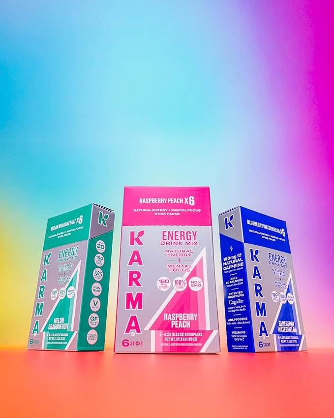 Karma Energy Hydration Packets – 6 Pack, Blueberry Watermelon Drink Mix with Cognizin® Nootropics, Vitamins & Immune Support, Low Calorie