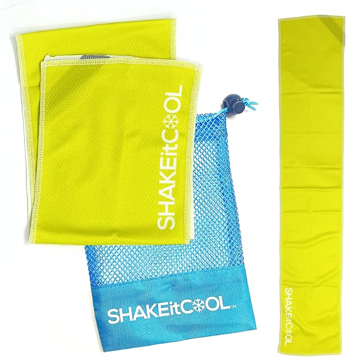 SHAKEitCOOL Original Cooling Towel โ Be Cool in Style - Heat Relief, Soft, Lightweight, Sun Protection, Easy Clean - Perfect for Biking, Running, Yoga, Gym, Gardening - Safety Yellow
