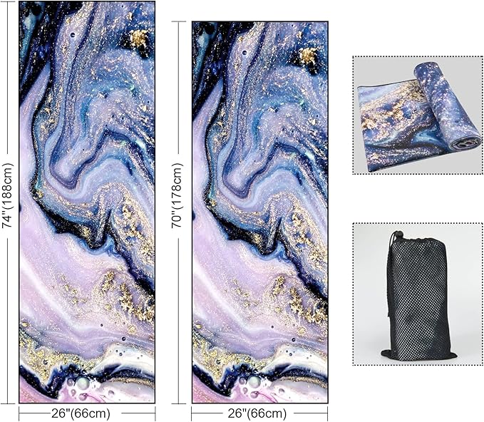QiyI Yoga Mat Towel with Corner Pockets, Non Slip Sweat Absorbent Hot Yoga Towels, Soft Yoga Blankets with Travel Bag, Skidless Mat Cover for Workout, Gym, Fitness - 74"x26", Purple Gold Marble