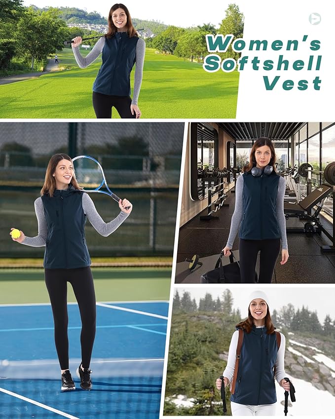 Outdoor Ventures Women's Hooded Lightweight Softshell Vest, Windproof Fleece Lined Sleeveless Jacket for Golf Running Travel