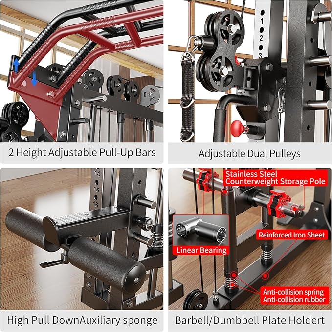 Smith Machine with Cable Crossover System, Multi-Function Squat Rack Power Cage for Home Gym, Power Rack and Packages Weight Sets