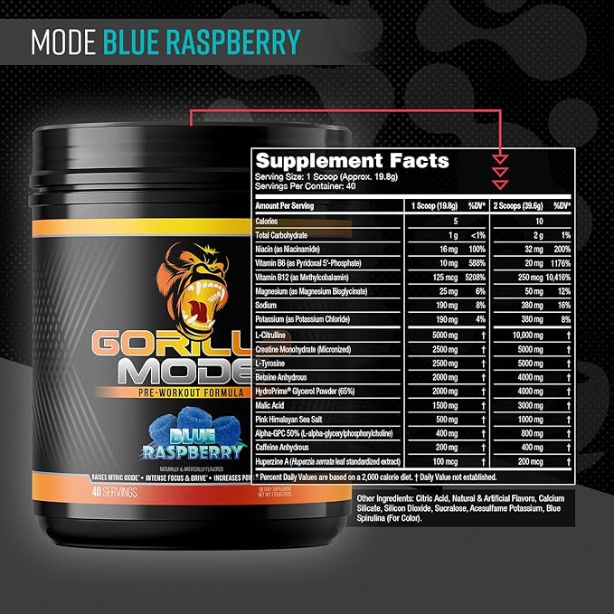 Gorilla Mind Pre Workout - Massive Pumps Laser Focus Energy Power - L-Citrulline, Creatine, L-Tyrosine, Betaine, Hydroprime, Alpha-GPC, 400mg Caffeine, Huperzine A - 792g (Blue Raspberry)