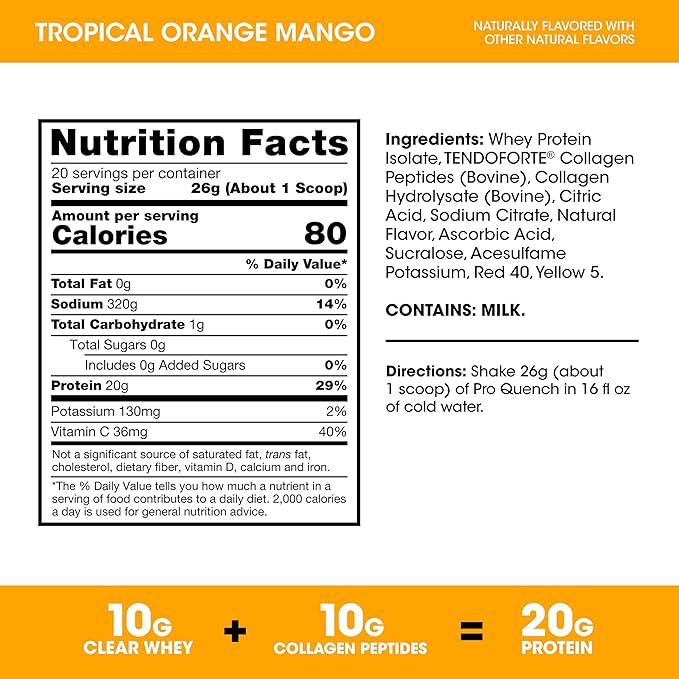 Optimum Nutrition Pro Quench, 10g Clear Protein, 10g Collagen peptides & Electrolyte Powder Drink Mix, Tropical Orange Mango, 20 Servings, 520 Grams (Packaging May Vary)