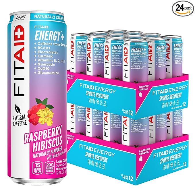 FITAID ENERGY, 200mg Natural Caffeine, Keto, Raspberry Hibiscus, Optimum Performance Formula: BCAAs, Quercetin, Electrolytes, Omega-3s, Paleo, Vegan & GlutenFree, 12 Fl Oz cans (Pack of 24)
