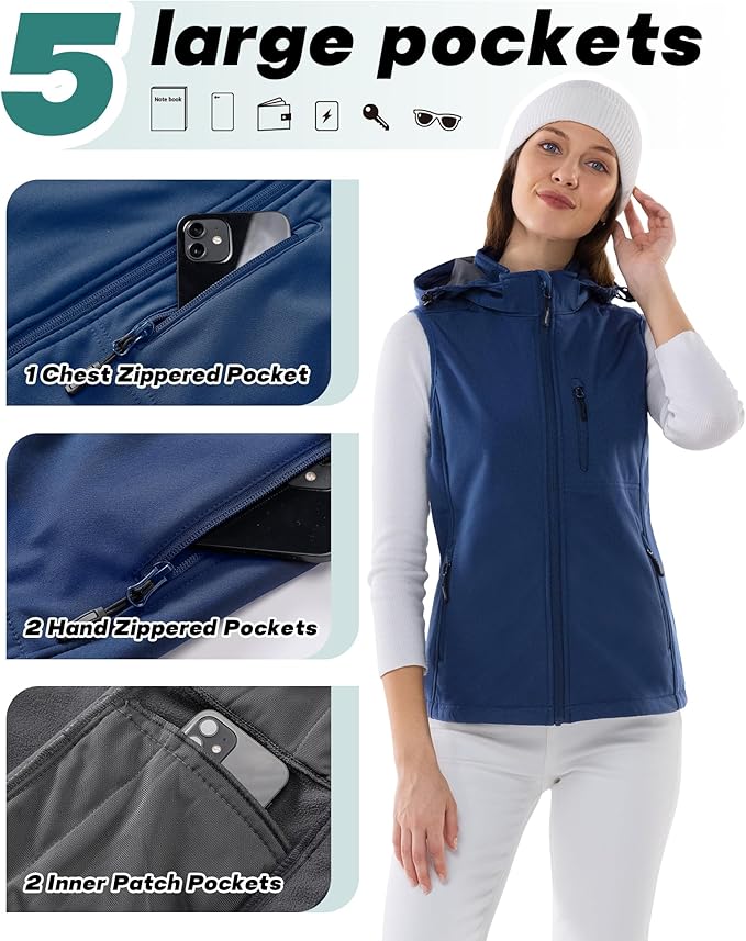 Outdoor Ventures Women's Hooded Lightweight Softshell Vest, Windproof Fleece Lined Sleeveless Jacket for Golf Running Travel