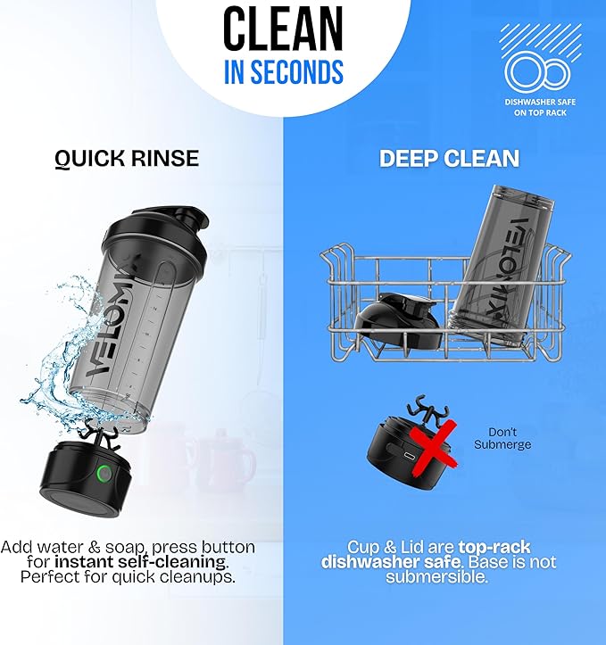VELOMIX Electric Protein Shaker Bottle - 24 oz | USB-C Rechargeable | Leak Proof Shaker Cups for Protein Shakes | Portable Blender for Shakes and Smoothies (Electric-Black)