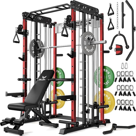 Smith Machine for Home Gym, Multi-Function M12 Power Cage with Cable Crossover System, Squat Rack with Smith Bar and More Attachment
