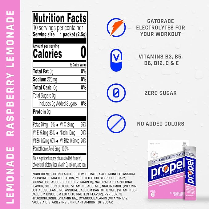 Propel Electrolyte Enhanced Water Drink Mix Powder Packets, Raspberry Lemonade, Zero Calorie & Zero Sugar Hydration with Electrolytes and Vitamins C & E (120 Packets)